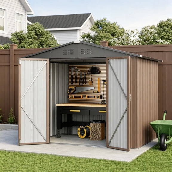 Asofer 8 x 6 FT Galvanized Metal Outdoor Storage Shed, Lockable Double Door Garden Utility Shed for Backyard Patio Lawn, Brown