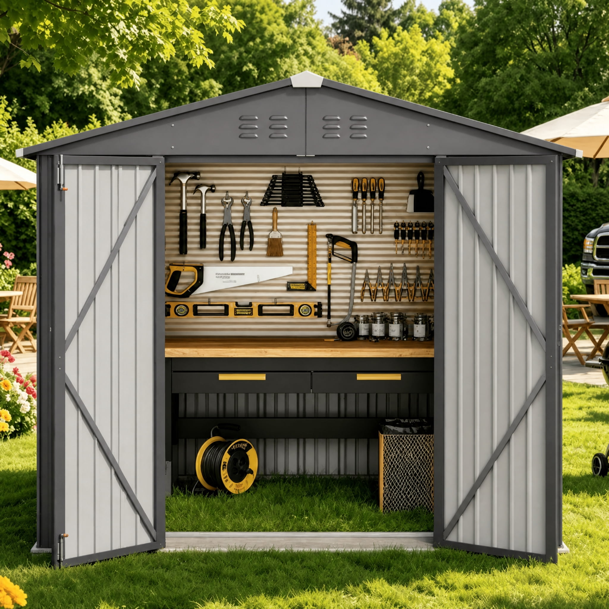Asofer 8×6 FT Galvanized Metal Storage Shed, Lockable Double Door, Weatherproof Outdoor Garden Shed, Dark Grey