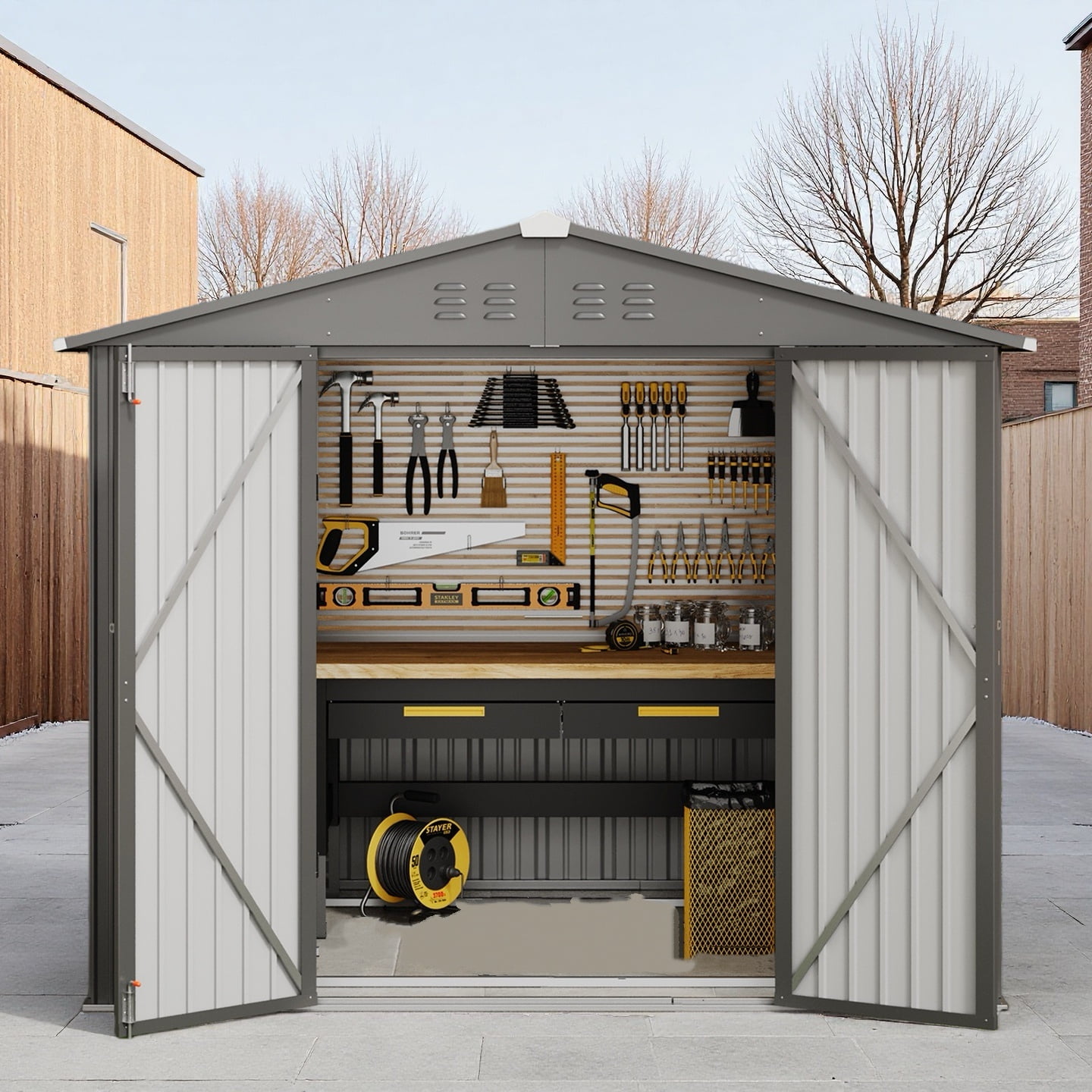 Asofer Outdoor Storage Shed 8 x 6 FT, Galvanized Metal Garden Shed with Double Lockable Doors for Backyard Patio Lawn-Dark Grey