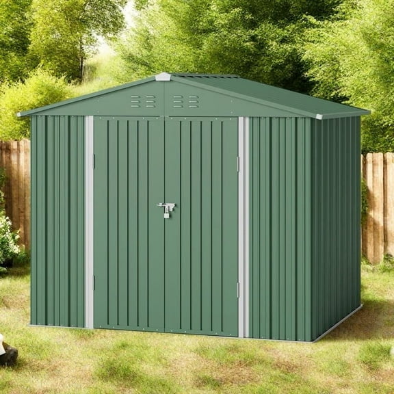 Asofer Outdoor Storage Shed 8 x 6 FT, Galvanized Metal Garden Shed with Double Lockable Doors for Backyard Patio Lawn-Green