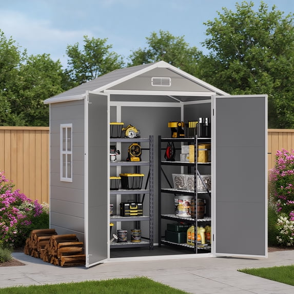 Asofer Outdoor Storage Shed with Floor, 6' x 4' Resin Storage Shed, Plastic Garden Shed, All-Weather Colorfast, Gray
