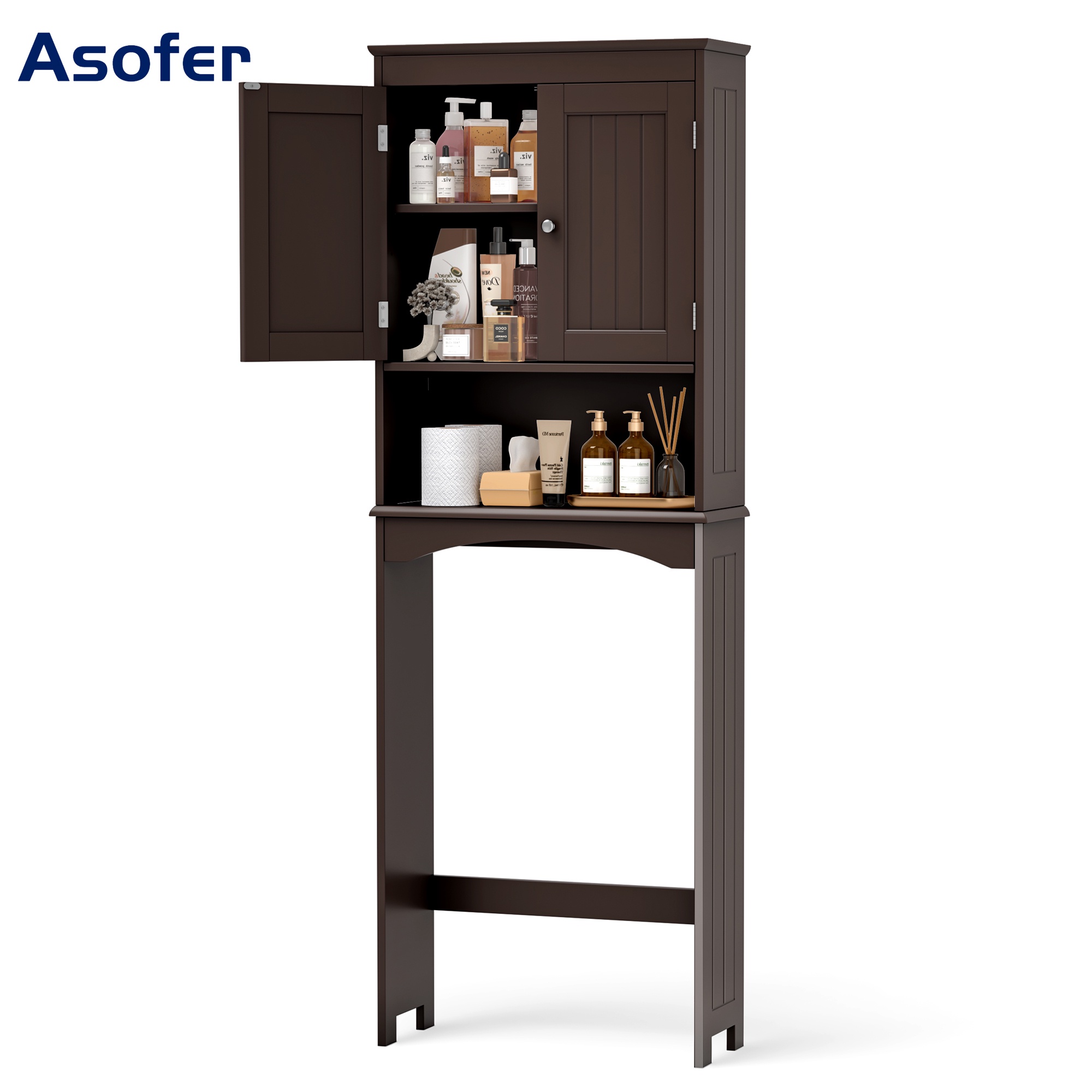 Asofer Over the Toilet Storage Cabinet, Adjustable Sturdy Shelf and 2 Wood Doors, for Bathroom, Dark Brown