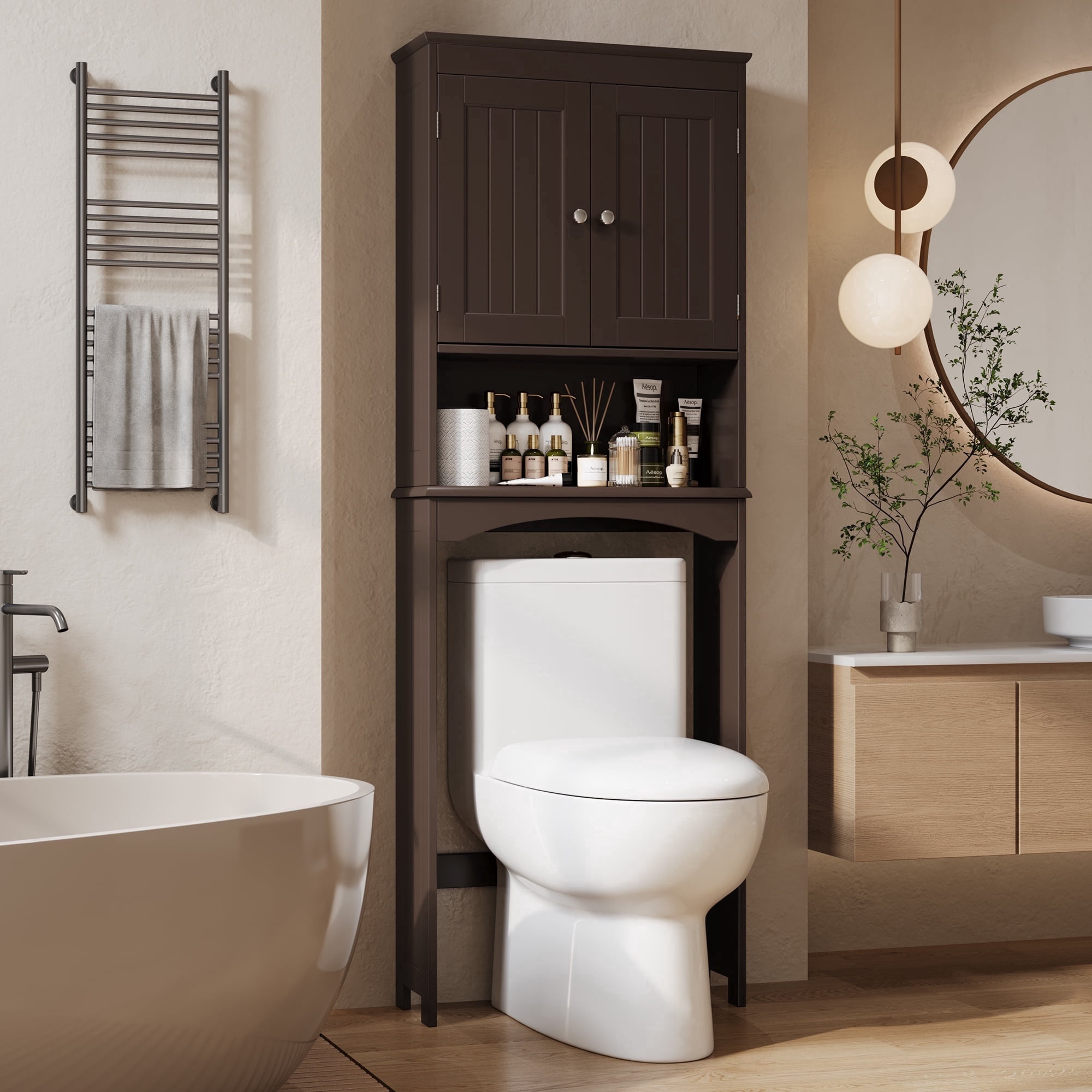Asofer Over the Toilet Storage Cabinet, Adjustable Sturdy Shelf and 2 Wood Doors, for Bathroom, Dark Brown