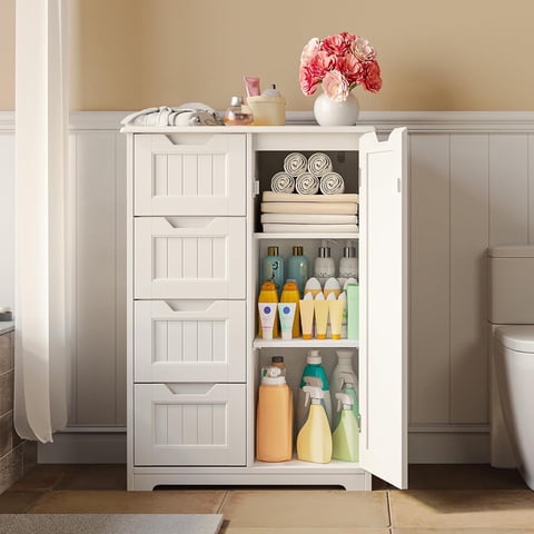 Bathroom Floor Cabinet Wooden Storage Organizer with 4-Drawer & 1 Door, Free-Standing Cupboard for Bathroom Kitchen, White