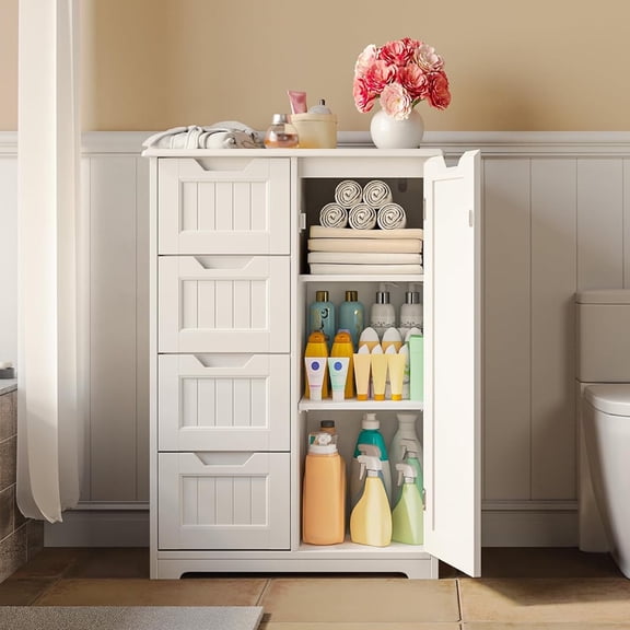 Bathroom Floor Cabinet Wooden Storage Organizer with 4-Drawer & 1 Door, Free-Standing Cupboard for Bathroom Kitchen, White