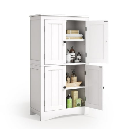 Asofer Bathroom Floor Storage Cabinet, Freestanding Cabinet with 4 Doors, Adjustable Shelves, White