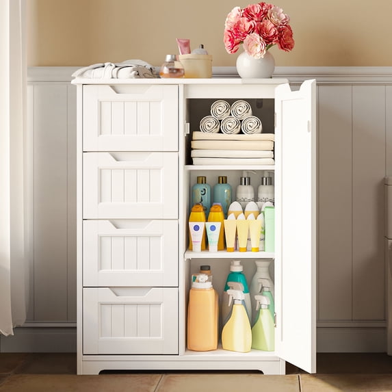 Asofer Bathroom Floor Storage Cabinet, Freestanding Cabinet, Adjustable Shelves, White