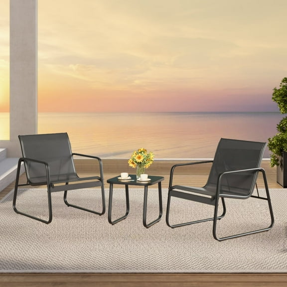 Patio Chairs Set of 3, Asofer Patio Furniture Set with Metal Frame Glass Table,  for Balcony,Lawn, Black