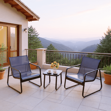Patio Chairs Set of 3, Asofer Patio Furniture Set with Metal Frame Glass Table,  for Balcony,Lawn, Black