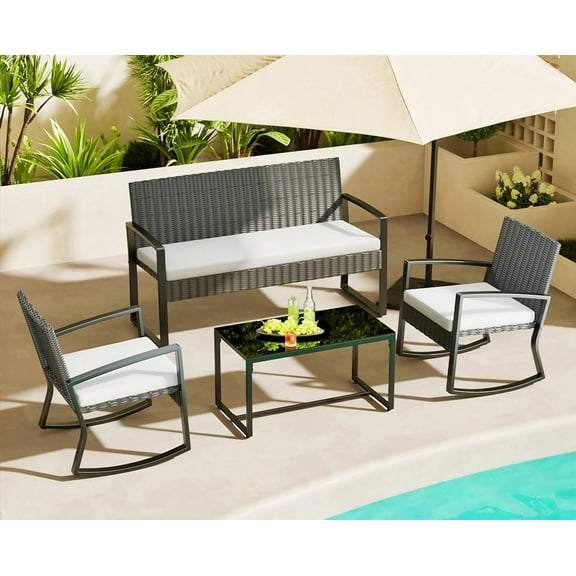 Asofer Patio Furniture Set, 4-Piece Outdoor Sectional Conversation Set with Coffee Table，Loveseat and Rocking chair , Gray