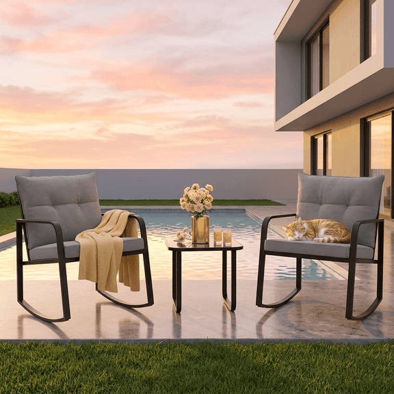 Asofer Patio Furniture Set, Rocking Chair with Coffee Table, for Bistro, Conversation, Garden, Balcony, Backyard, Mixed Color