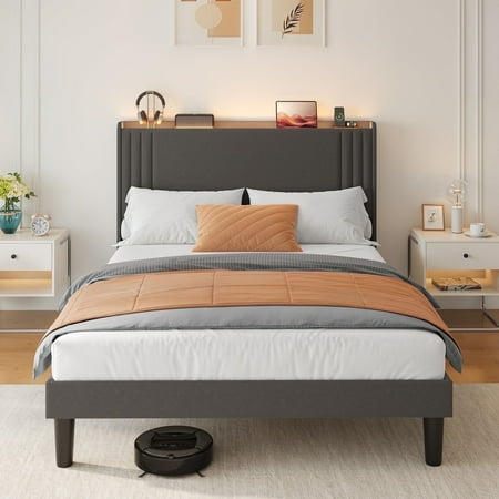 Asofer Queen Bed Frame w/Upholstered Wingback, Wood Slats, Charging Station & LED Lights, Dark Gray