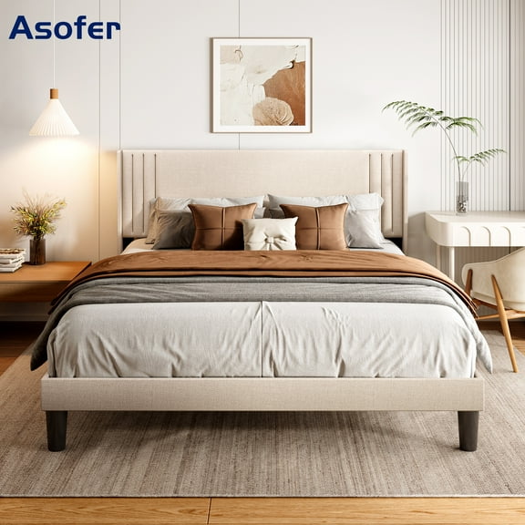 Asofer Queen Size Heavy Duty Bedframe with Upholstered Wingback Headboard, Metal Platform, Beige