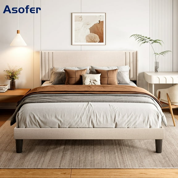 Asofer Queen Size Heavy Duty Bedframe with Upholstered Wingback Headboard, Metal Platform, Beige