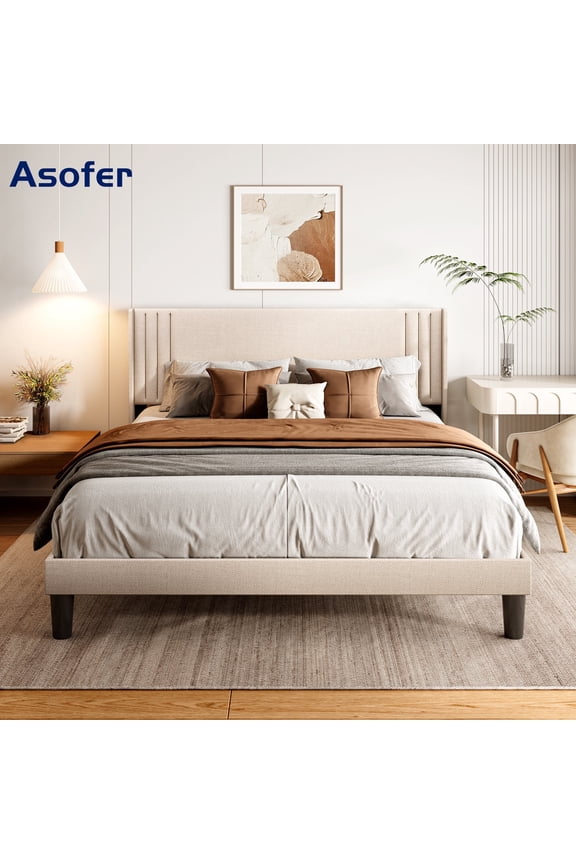 Queen Size Heavy Duty Bedframe with Upholstered Wingback Headboard, Metal Platform, Beige