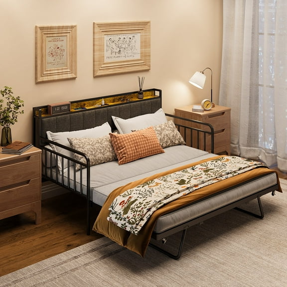 Asofer Twin Daybed, Trundle & Metal Frame w/Upholstered Storage Headboard & Charging Station, Gray