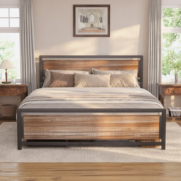 Asofer Queen Bed Frame with with Rustic Vintage Wood Headboard and Footboard, No Box Spring Needed, Wood Color