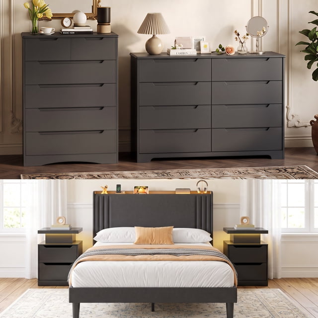 Asofer Queen Bedroom Furniture Set, Bed Frame with Charging Station, 2 ...