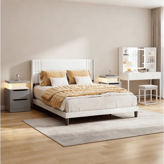 Asofer White 4-Piece Bedroom Set: Queen bed frame, 2 Nightstands with Charging and LED Vanity