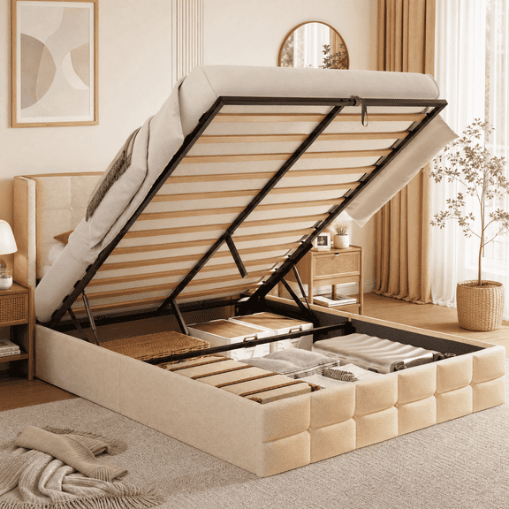 Asofer Queen Hydraulic Lift Upholstered Storage Platform Bed, Button Tuft Wingback Headboard with Anti-Fall Safety Device, Solid Wood Slat Support, Beige