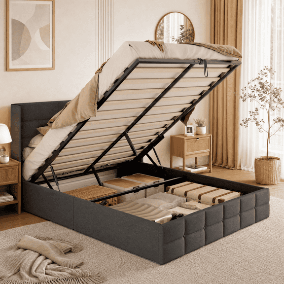 Asofer Queen Hydraulic Lift Upholstered Storage Platform Bed, Button Tuft Wingback Headboard with Anti-Fall Safety Device, Solid Wood Slat Support, Gray