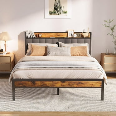 Queen Bed Frame with Upholstered Headboard, Industrial Metal Platform with Upholstered, for Bedroom Apartment, Dark Grey