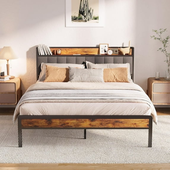 Asofer Queen Bed Frame with Upholstered Headboard, Metal Platform, Dark Gray