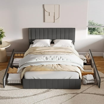Asofer Queen Size Bed Frame with 4 Storage Drawer on Wheels, Upholstered Headboard Adjustable, for Home Bedroom