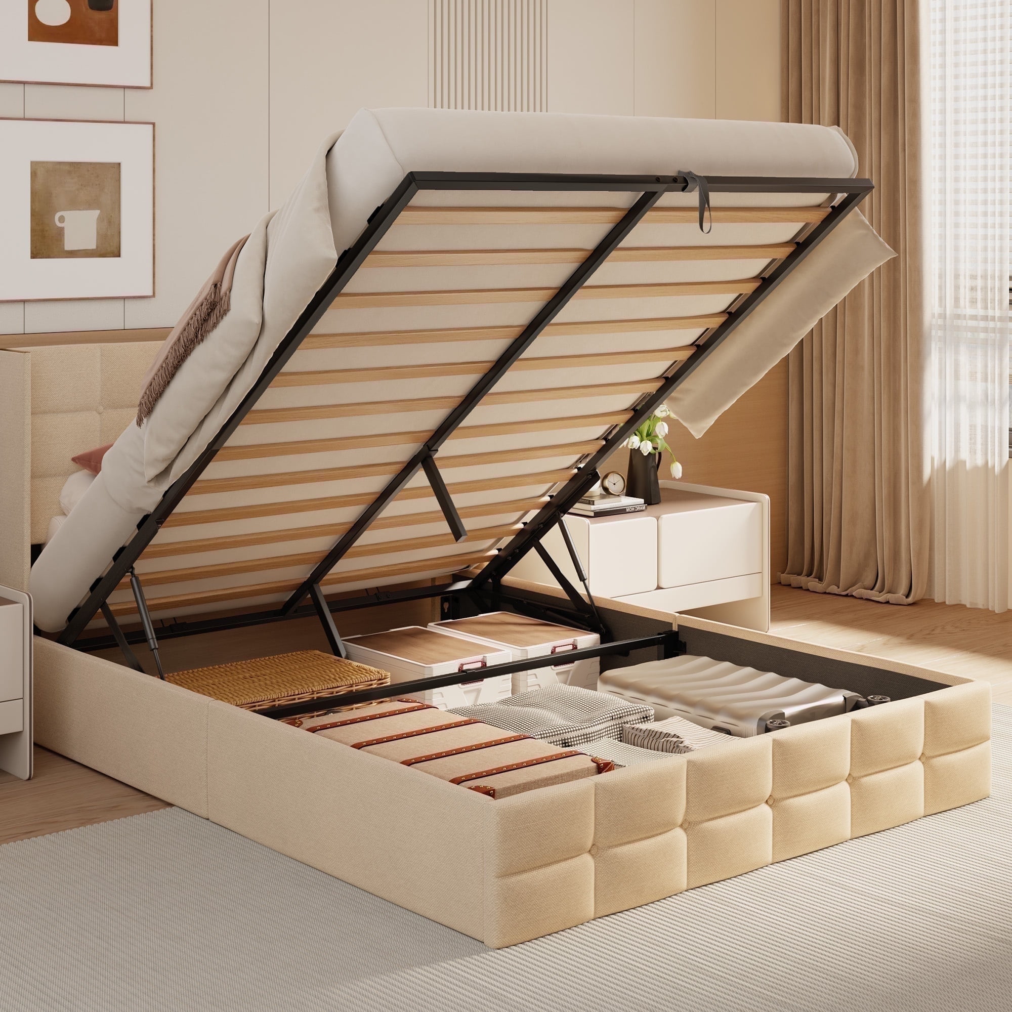 Asofer Queen Storage Bed Frame with Hydraulic Lift, Upholstered Headboard & Wood Slats, Beige