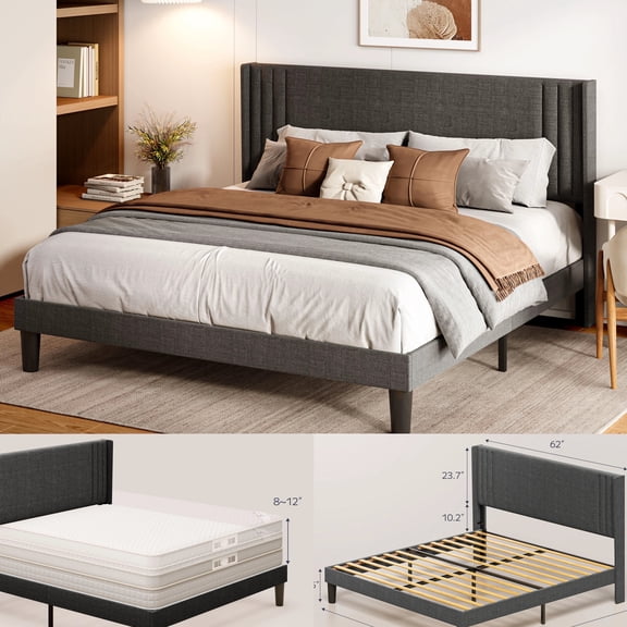 Asofer Queen Size Platform Bed Frame with Tufted Headboard, Steel Slat Support System, Grey