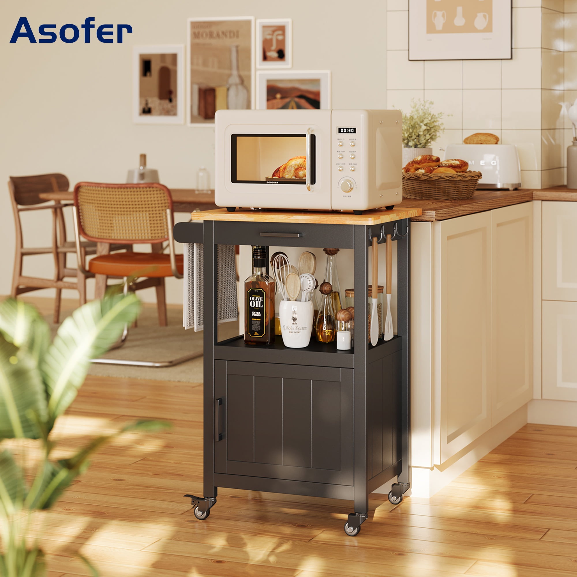 Asofer Rolling Kitchen Island Cart with Storage and Drawer, Small Coffee Cart, Microwave Stand on Wheels, Black
