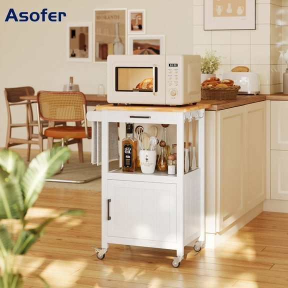 Asofer Rolling Kitchen Island Cart with Storage and Drawer, Small Coffee Cart, Microwave Stand on Wheels, White