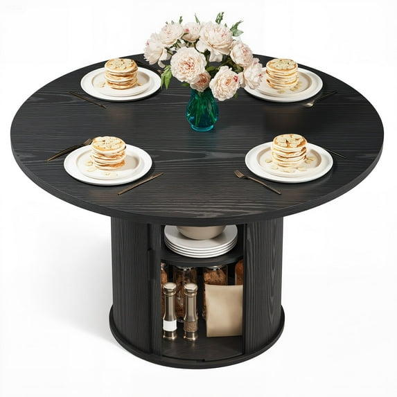 Asofer Round Dining Table for 4, Circle Dining Table with 2-Layer Storage and Smooth Sliding Wood Doors, Iron Strip Frame Base for Kitchen Living Room, Black