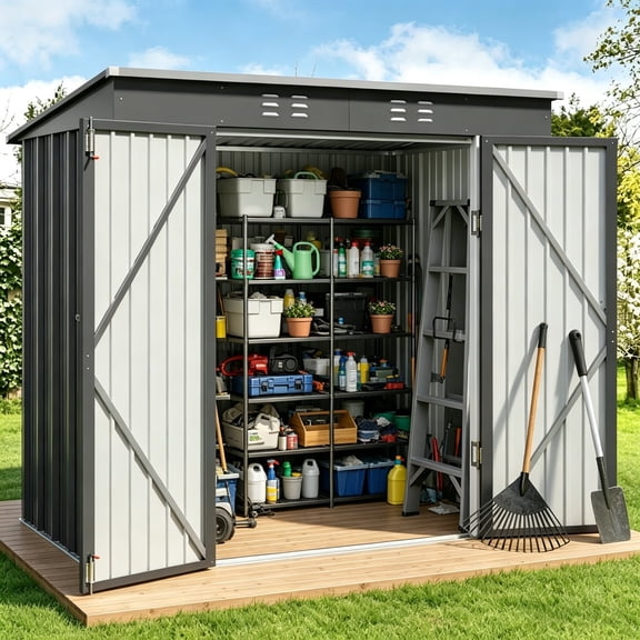 Asofer 6x4ft Dark Gray Metal Outdoor Storage Shed, Weather Resistant Steel Utility Shed with Side Vents and Double Lockable Doors for Backyard Patio Lawn