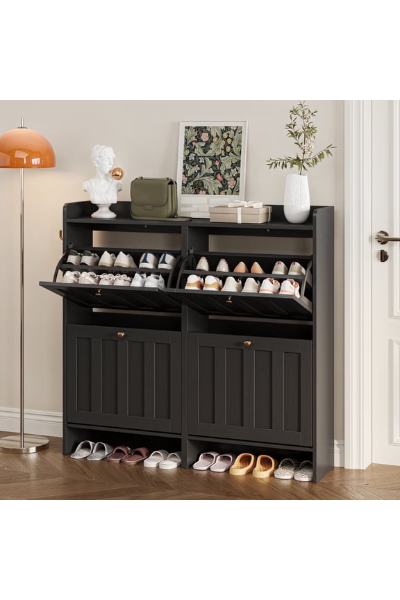 Shoe Cabinet with 4 Flip-Down Drawers & Open Storage – Freestanding Narrow Entryway for Hallway, Closet, Dorm, Black