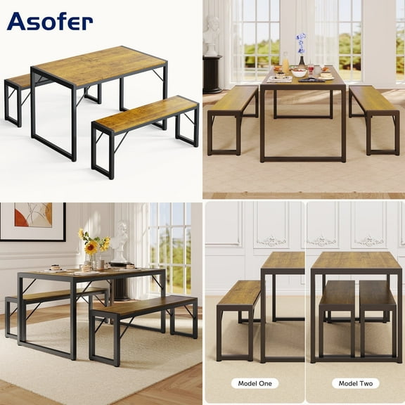 Asofer Small Dining Table Set for 4 Clearance, Kitchen Table with 2 Bench for Living Room Breakfast Nook, Retro