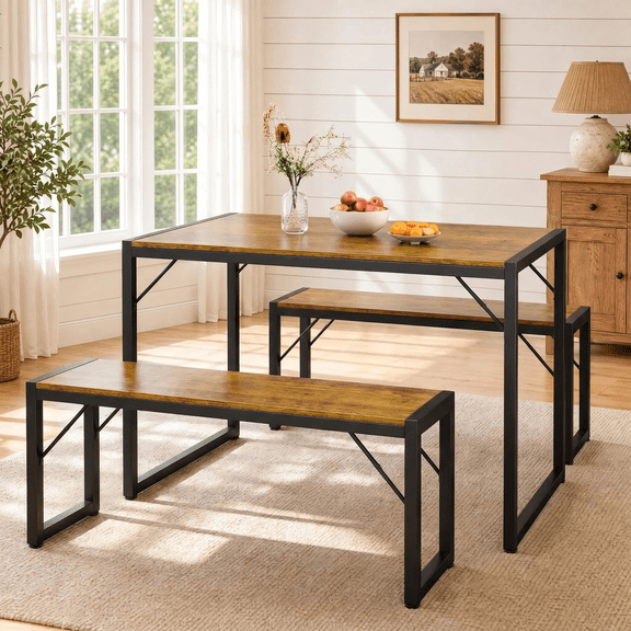 Asofer 45.5 in Dining Table Set for 4 with 2 Benches,Kitchen Table and Bench Set for Small Spaces,Dinette Set for Apartment,Retro