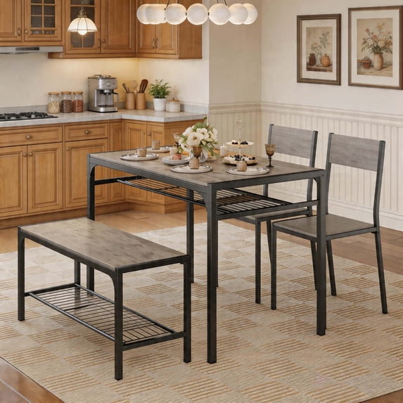 Asofer 4 Piece Dining Table with 2 Chairs and Bench ,Kitchen Table Set with Storage Rack,Space-Saving Gray