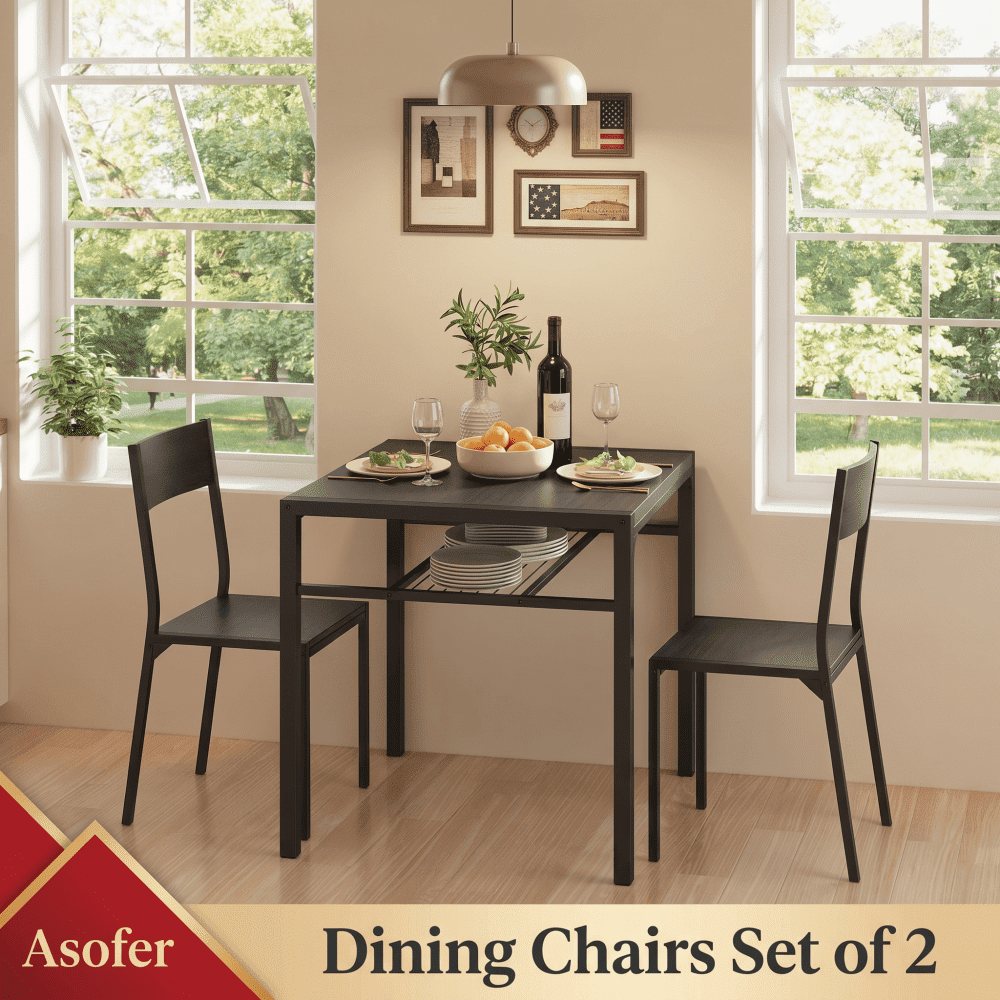 Asofer 3 Piece 2 Person Dining Table Set, Compact Space Saving Kitchen Table and Chairs Combo, Small Apartment Dorm Breakfast Nook Work Study Desk, Back to School Furniture for College Student, Black