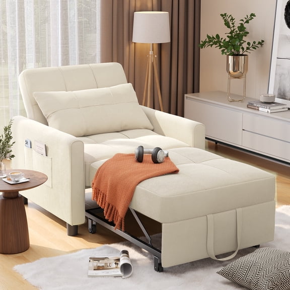 Asofer Sofa Bed Chair, 3 in 1 Convertible Futon Couch, Adjustable Backrest, Breathable and easy to clean, White