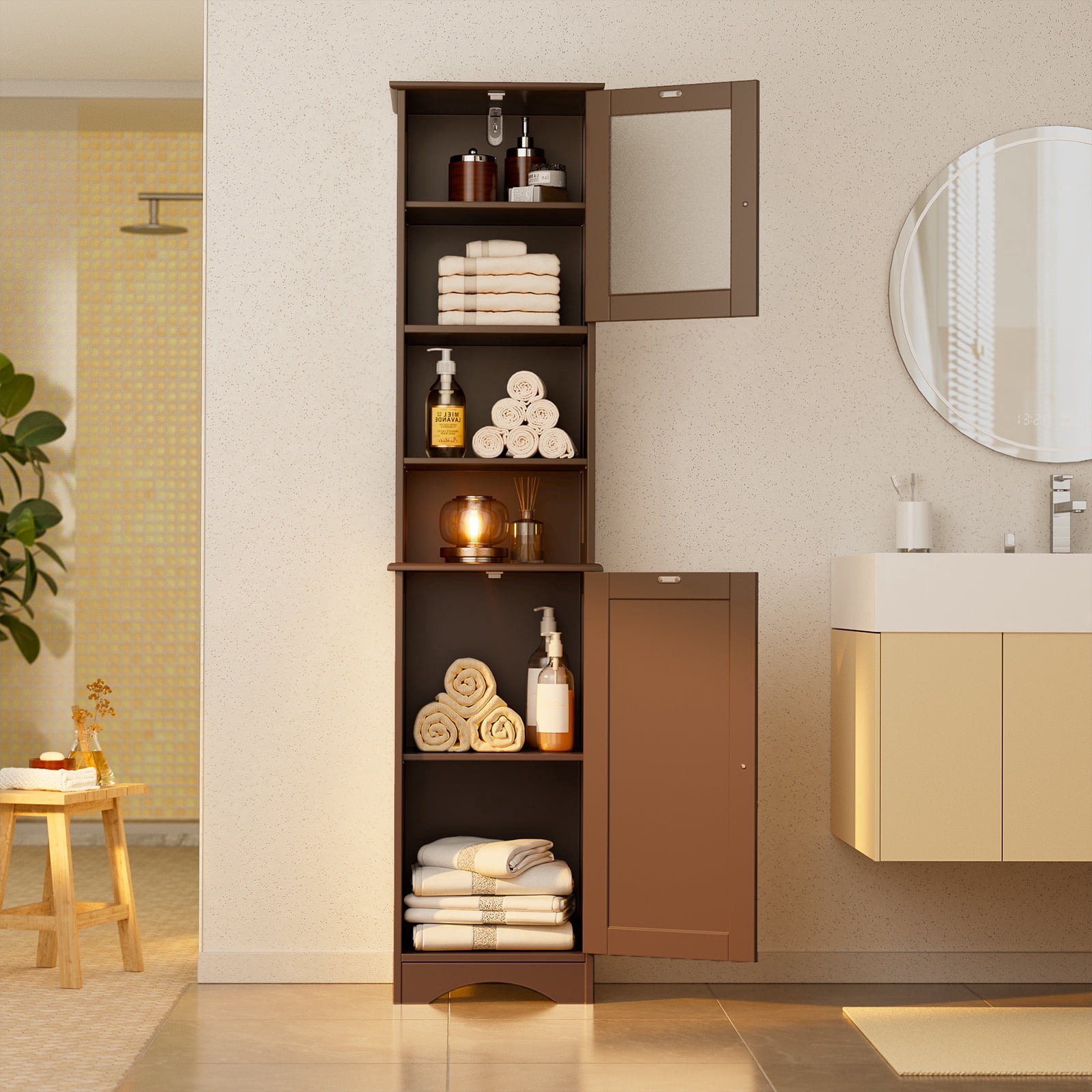 Asofer Tall Bathroom Cabinet, Storage Cabinet with Two-Way Doors, Freestanding Linen Tower, Anti-Tip, Dark Brown