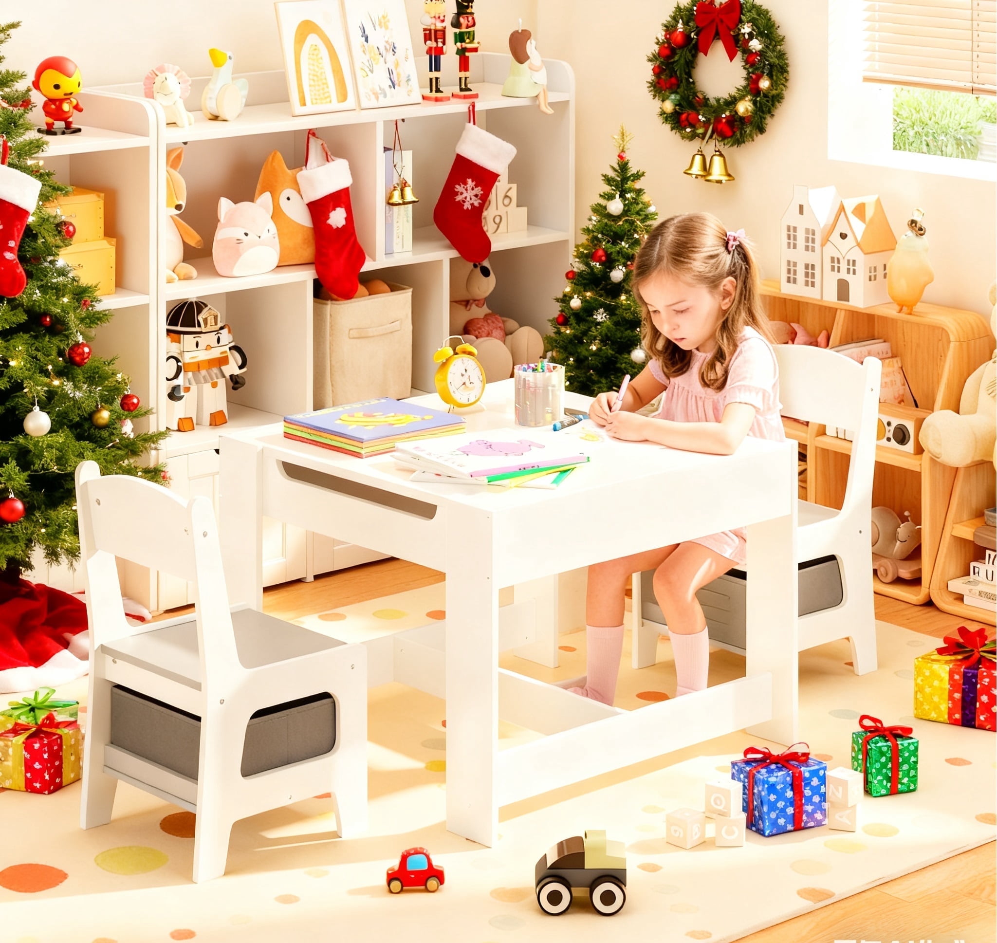 Kid's Table and Chairs Set, Asofer Toddler Craft Table with Removable Desktop Storage, Versatile for Playing Studying Eating, White/Gray