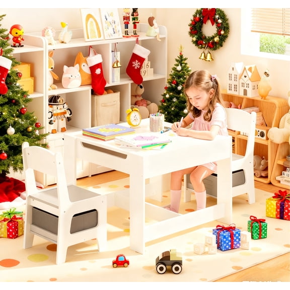 Kid's Table and Chairs Set, Asofer Toddler Craft Table with Removable Desktop Storage, Versatile for Playing Studying Eating, White/Gray