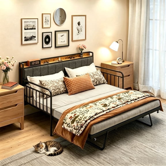 Asofer Twin Upholstered Daybed with Trundle, Convertible Sofa Bed, Charging Station, Lockable Wheels & Storage Headboard, Gray