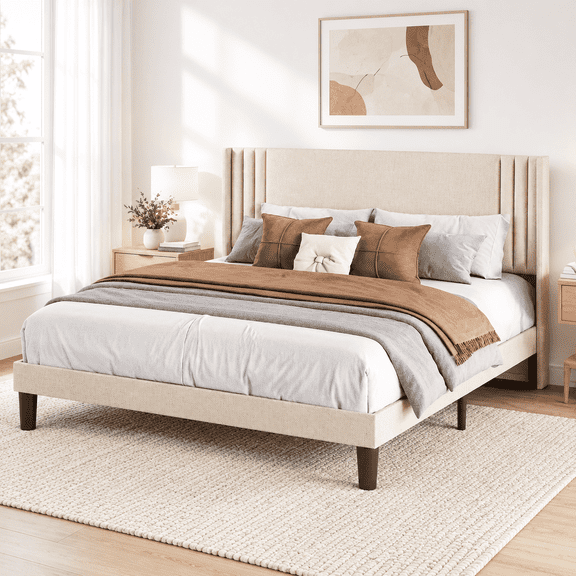 Asofer Queen Platform Bed Frame, Noise Reduced, Beige Upholstered Wingback Headboard, Reinforced Steel & Wood Slats, No Box Spring Needed