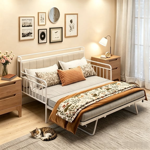 Asofer Twin Upholstered Daybed with Trundle, Convertible Sofa Bed, Charging Station, Lockable Wheels & Storage Headboard, White