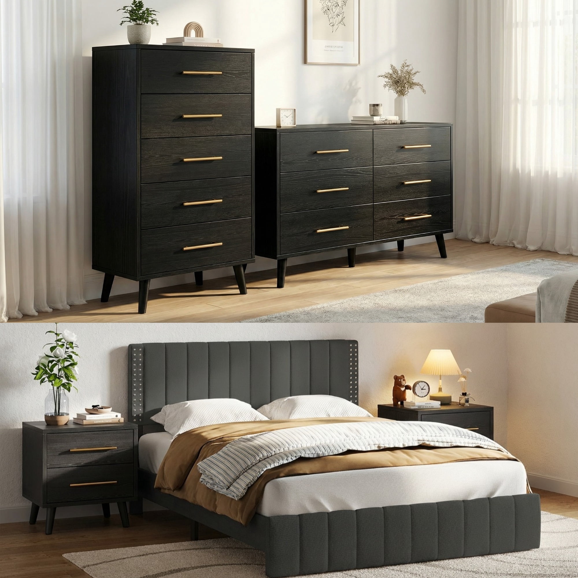 Bedroom Furniture Set: Queen Bed with 4 Drawers, 5-Drawer Dresser & 6-Drawer Dresser and 2 Nightstands, Black