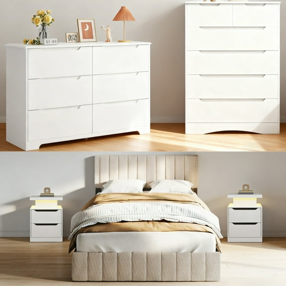 Asofer Ultimate Storage Bundle: Queen Bed with 4 Drawers, Two 6-Drawer Dressers and 2 Nightstands, White