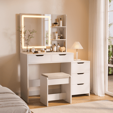 Asofer Vanity Desk with Mirror and Adjustable Light, White Makeup Vanity Set with 5 Drawers for Bedroom, Dressing Room