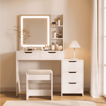 Asofer Vanity Desk with Mirror and Adjustable Light, White Makeup Vanity Set with 5 Drawers for Bedroom, Dressing Room